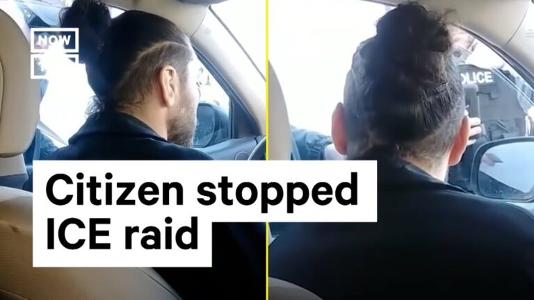 Title Image to a video titled Citizen stopped ICE raid. Image shows an immigration volunteer resisting an attempt by ICE agents to issue an unofficial warrant to detain undocumented passengers in a private car.